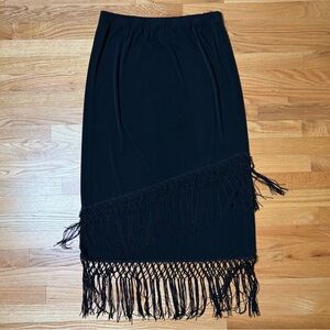 Chico's Fringed Midi Skirt Women’s Size 1 Black Elastic Waist Party Goth Fancy